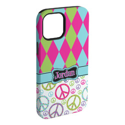 Harlequin & Peace Signs iPhone Case - Rubber Lined - iPhone 15 Plus (Personalized)