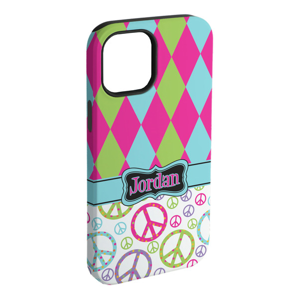 Custom Harlequin & Peace Signs iPhone Case - Rubber Lined - iPhone 15 Pro Max (Personalized)
