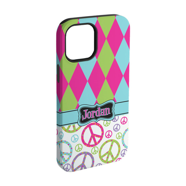 Custom Harlequin & Peace Signs iPhone Case - Rubber Lined - iPhone 15 Pro (Personalized)
