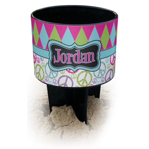 Custom Harlequin & Peace Signs Black Beach Spiker Drink Holder (Personalized)