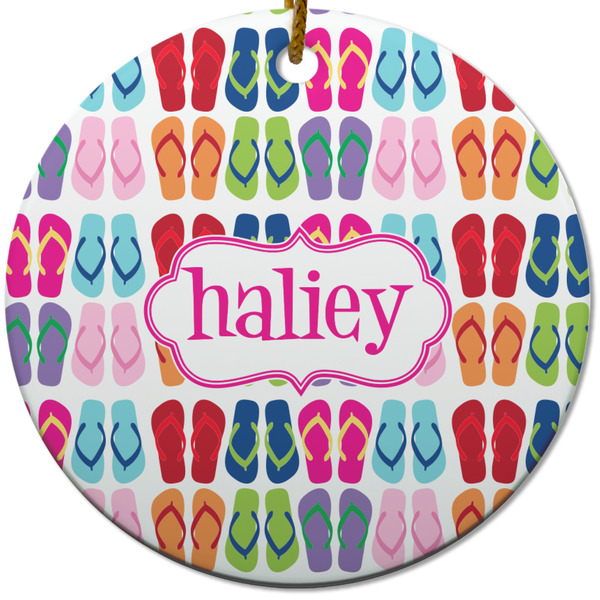 Custom FlipFlop Round Ceramic Ornament w/ Name or Text