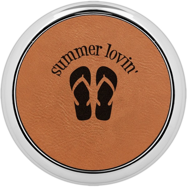 Custom FlipFlop Leatherette Round Coaster w/ Silver Edge (Personalized)