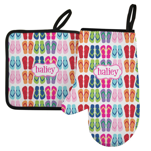 Custom FlipFlop Left Oven Mitt & Pot Holder Set w/ Name or Text