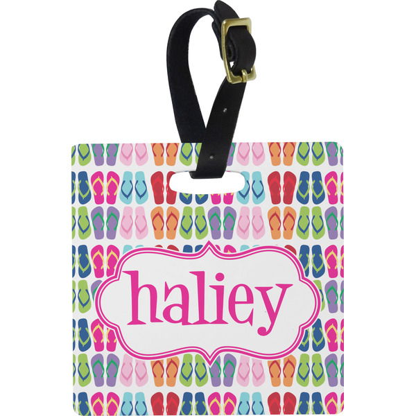 Custom FlipFlop Plastic Luggage Tag - Square w/ Name or Text