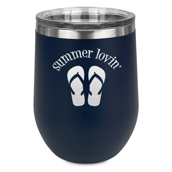 Custom FlipFlop Stemless Stainless Steel Wine Tumbler - Navy - Single Sided (Personalized)