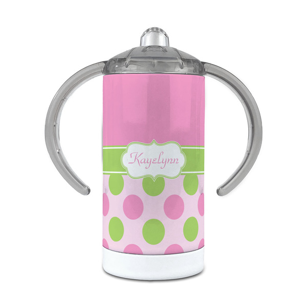 Custom Pink & Green Dots 12 oz Stainless Steel Sippy Cup (Personalized)