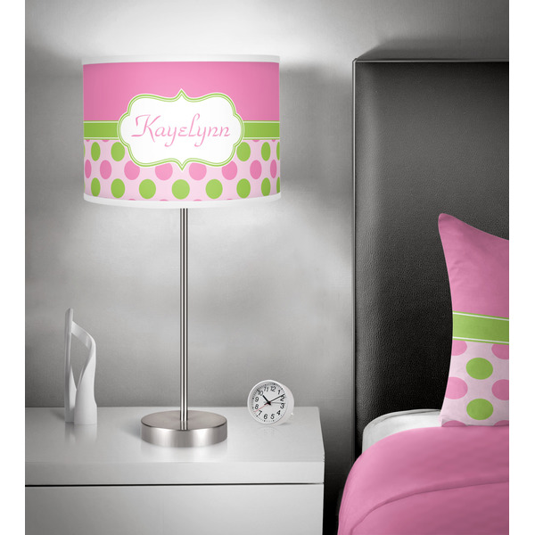 Pink & Green Dots 13 inch drum lamp shade - in room