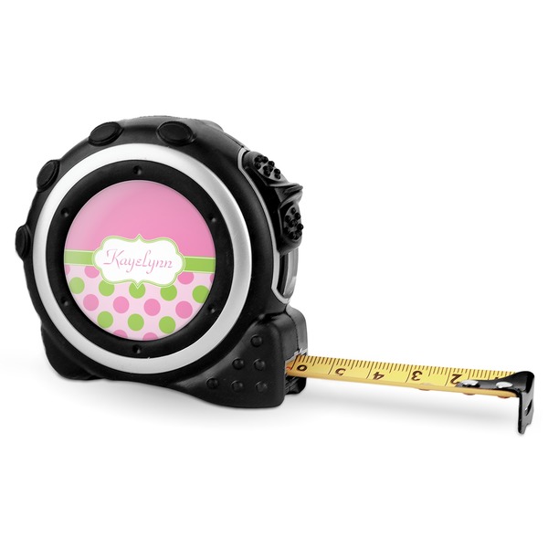 Pink & Green Dots 16 Foot Black & Silver Tape Measures - Front