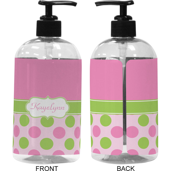 Pink & Green Dots 16 oz Plastic Liquid Dispenser (Approval) - Black
