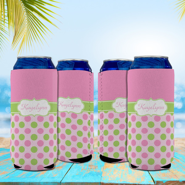 Pink & Green Dots 16oz Can Sleeve - Set of 4 - LIFESTYLE