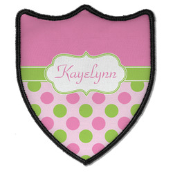 Pink & Green Dots Iron On Shield Patch B w/ Name or Text