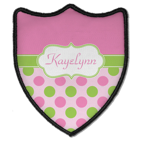 Custom Pink & Green Dots Iron On Shield Patch B w/ Name or Text