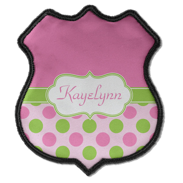 Custom Pink & Green Dots Iron On Shield Patch C w/ Name or Text