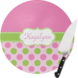 Pink & Green Dots Round Glass Cutting Board - Small (Personalized)