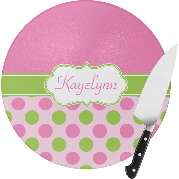Custom Pink & Green Dots Round Glass Cutting Board - Small (Personalized)