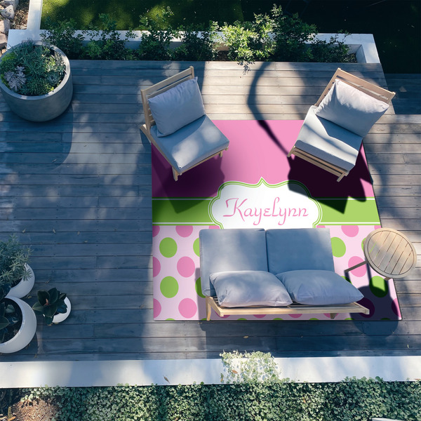 Pink & Green Dots 8'x10' Patio Rug - In context