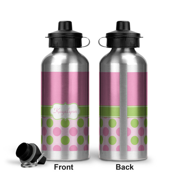 Pink & Green Dots Aluminum Water Bottle - Front and Back