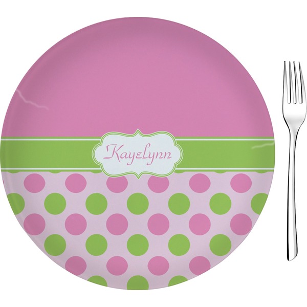Custom Pink & Green Dots Glass Appetizer / Dessert Plate 8" (Personalized)