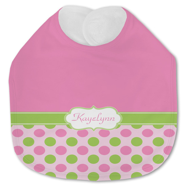 Custom Pink & Green Dots Jersey Knit Baby Bib w/ Name or Text