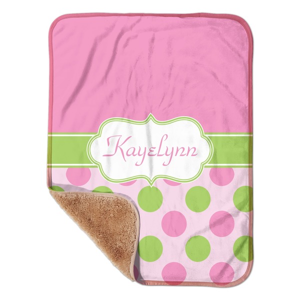 Custom Pink & Green Dots Sherpa Baby Blanket - 30" x 40" w/ Name or Text
