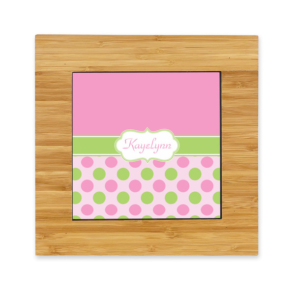 Custom Pink & Green Dots Bamboo Trivet with Ceramic Tile Insert (Personalized)