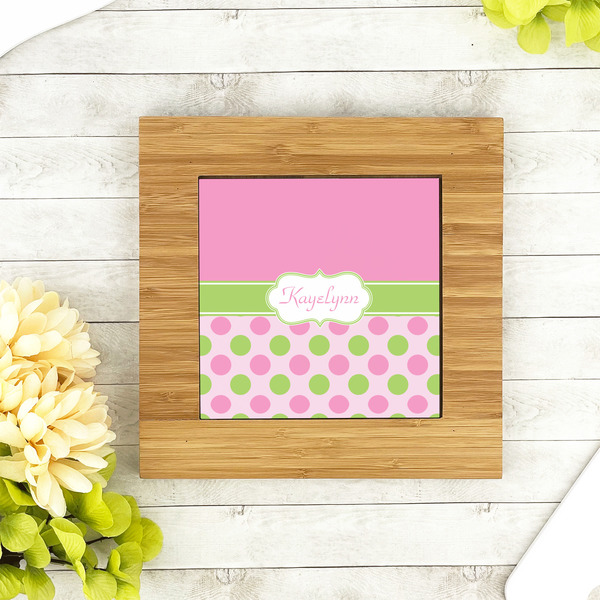 Pink & Green Dots Bamboo Trivet with 6" Tile - LIFESTYLE
