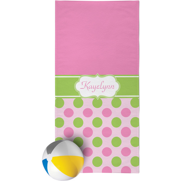 Custom Pink & Green Dots Beach Towel (Personalized)