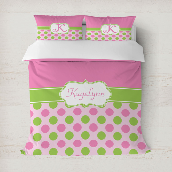 Custom Pink & Green Dots Duvet Cover Set - Full / Queen (Personalized)