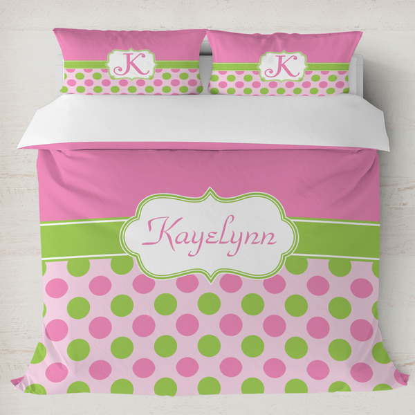 Custom Pink & Green Dots Duvet Cover Set - King (Personalized)
