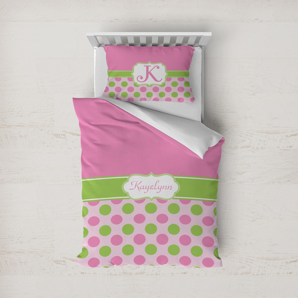 Custom Pink & Green Dots Duvet Cover Set - Twin (Personalized)