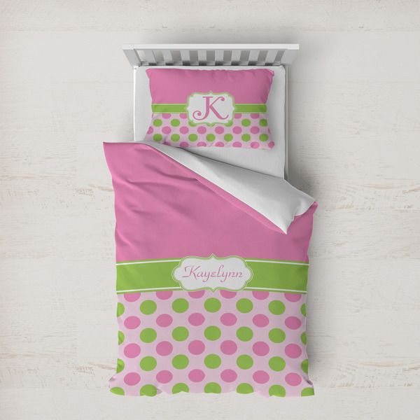 Custom Pink & Green Dots Duvet Cover Set - Twin XL (Personalized)