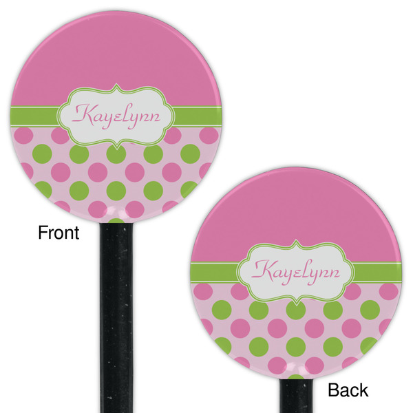 Pink & Green Dots Black Plastic 5.5" Stir Stick - Double Sided - Round - Front & Back