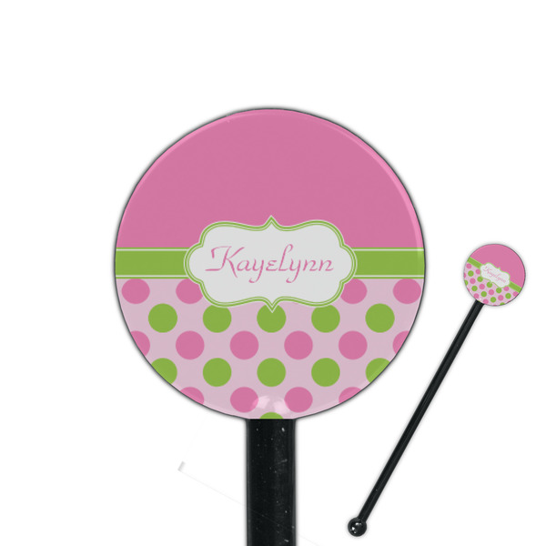 Custom Pink & Green Dots 5.5" Round Plastic Stir Sticks - Black - Double Sided (Personalized)