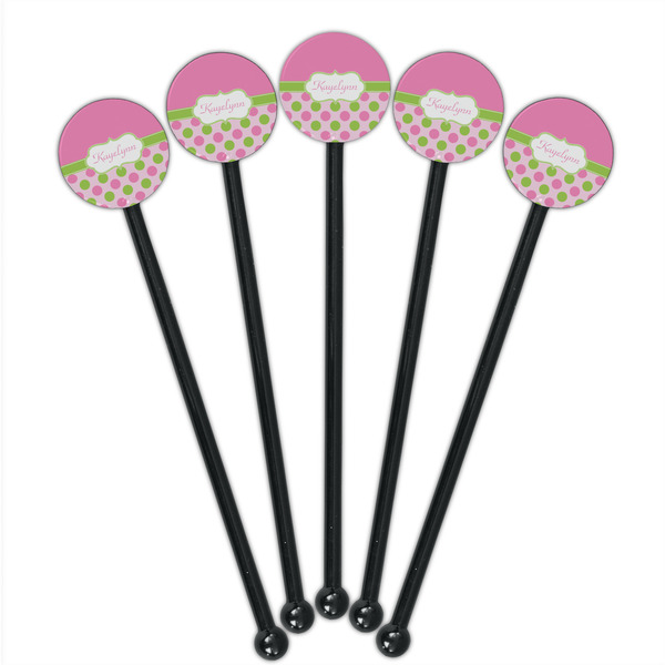 Pink & Green Dots Black Plastic 5.5" Stir Stick - Round - Fan View