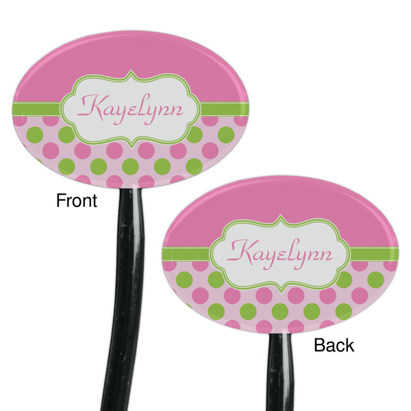 Pink & Green Dots Black Plastic 7" Stir Stick - Double Sided - Oval - Front & Back