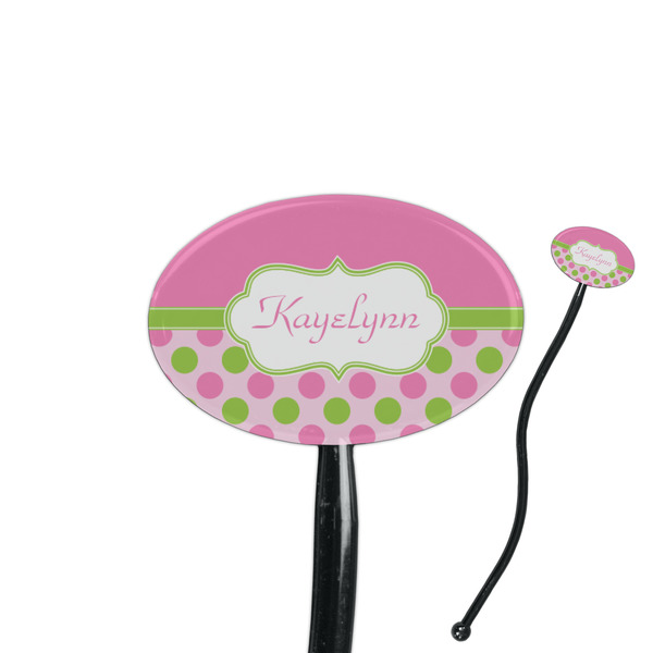 Custom Pink & Green Dots 7" Oval Plastic Stir Sticks - Black - Single Sided (Personalized)