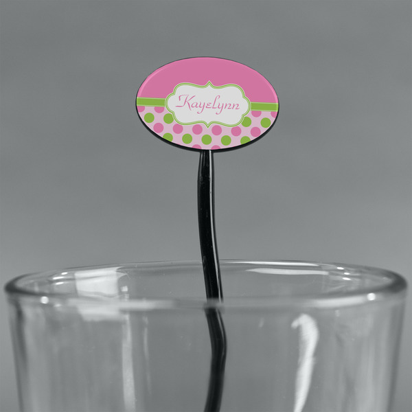 Pink & Green Dots Black Plastic 7" Stir Stick - Oval - Main
