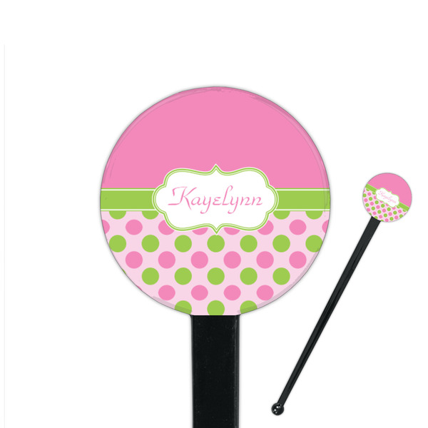 Custom Pink & Green Dots 7" Round Plastic Stir Sticks - Black - Single Sided (Personalized)