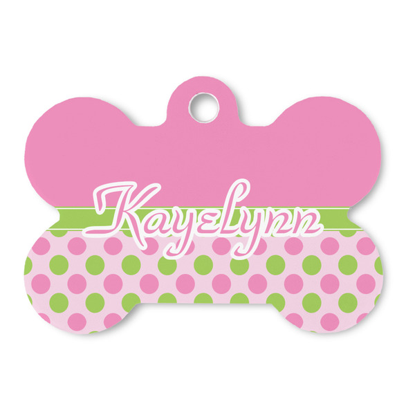 Custom Pink & Green Dots Bone Shaped Dog ID Tag (Personalized)