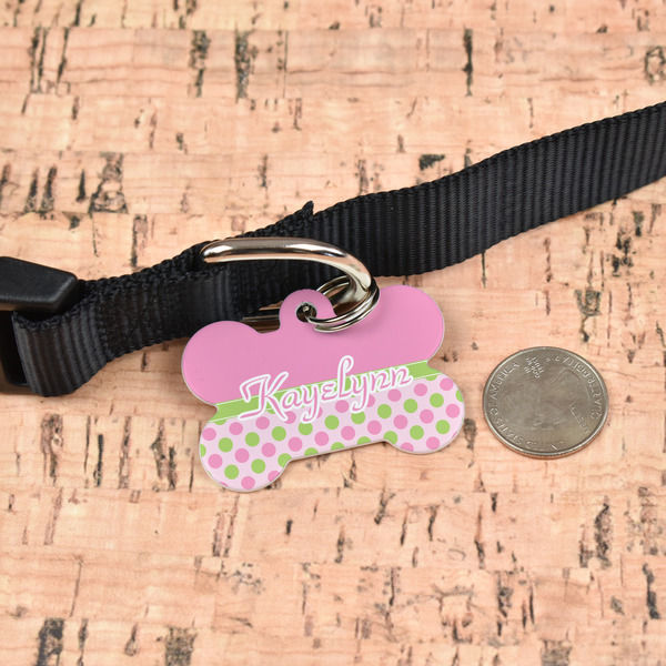 Pink & Green Dots Bone Shaped Dog ID Tag - Large - In Context