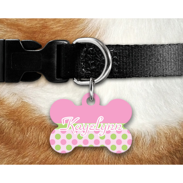 Pink & Green Dots Bone Shaped Dog Tag on Collar & Dog