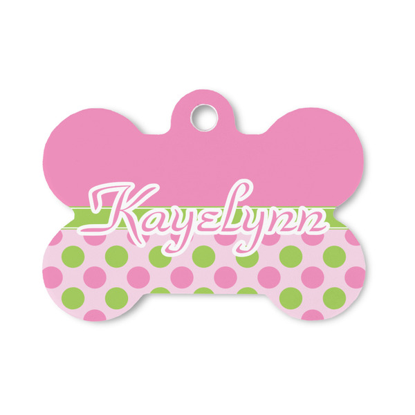 Custom Pink & Green Dots Bone Shaped Dog ID Tag - Small (Personalized)