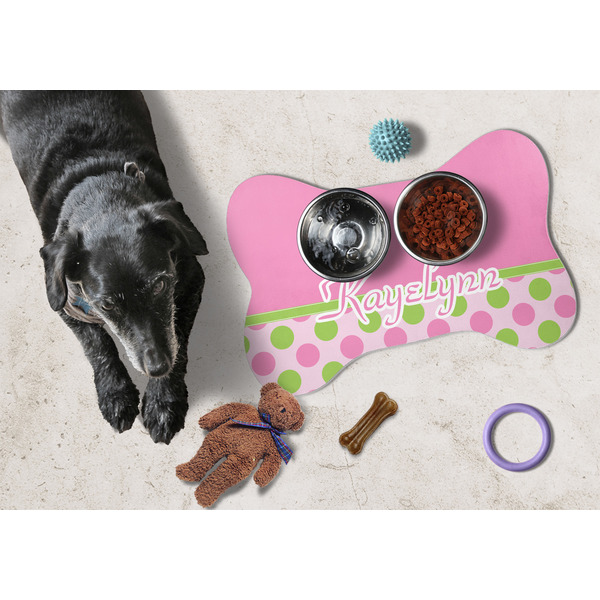 Pink & Green Dots Bone Shaped Mat w/ Food & Water