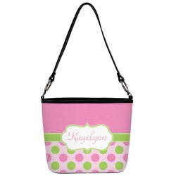 Pink & Green Dots Bucket Bag w/ Genuine Leather Trim (Personalized)