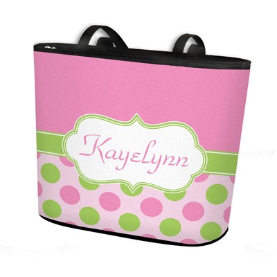 Pink & Green Dots Bucket Tote w/ Genuine Leather Trim (Personalized)