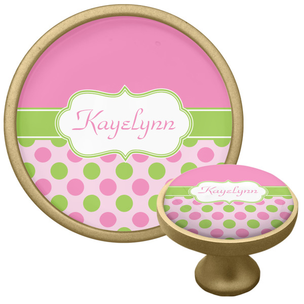 Custom Pink & Green Dots Cabinet Knob - Gold (Personalized)