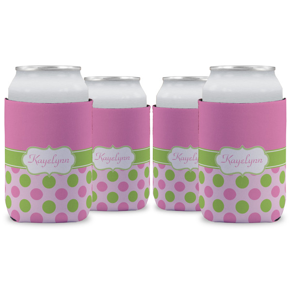 Custom Pink & Green Dots Can Cooler (12 oz) - Set of 4 w/ Name or Text