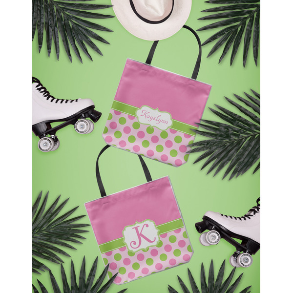 Pink & Green Dots Canvas Tote Lifestyle Front and Back- 13x13