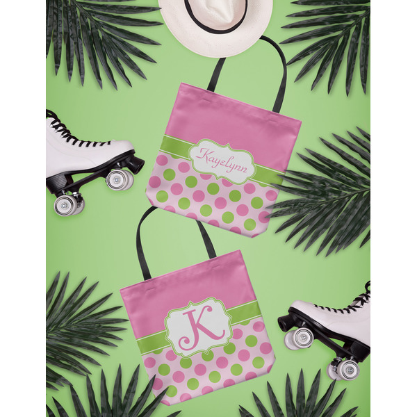 Pink & Green Dots Canvas Tote Lifestyle Front and Back