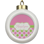Pink & Green Dots Ceramic Ball Ornament (Personalized)